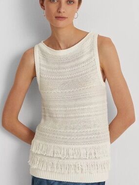 Ralph Lauren Fringe Trim Sleeveless Sweater White Linen Blend Elegant